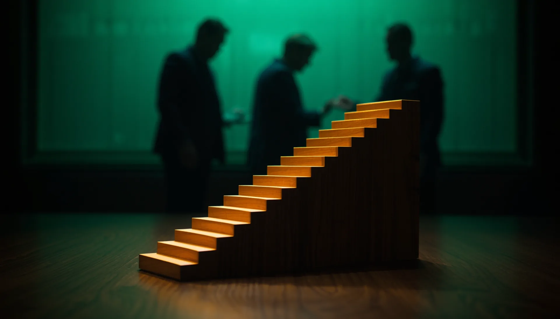 Lit wooden stairs rising in a dark boardroom, silhouetted executives conferring behind