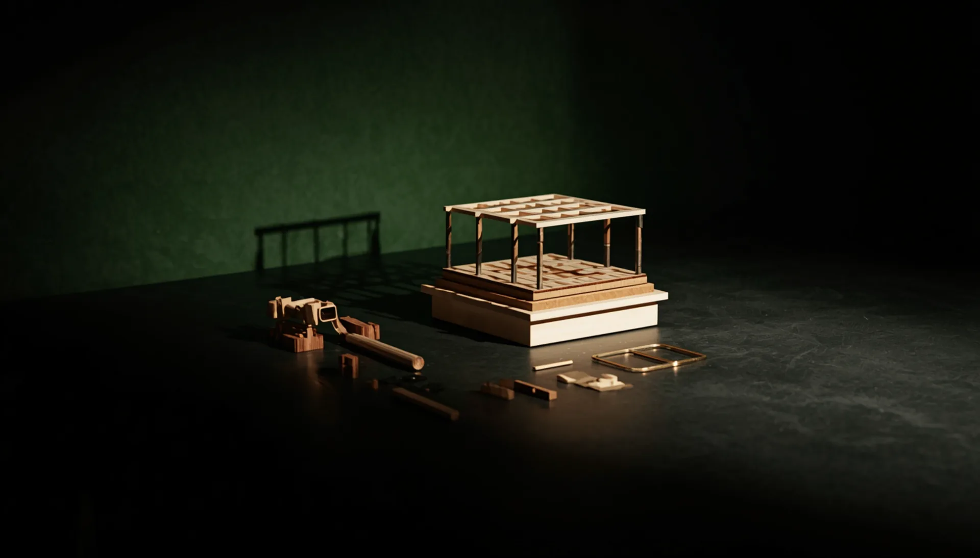 A precise wooden model structure half-assembled on a dark table
