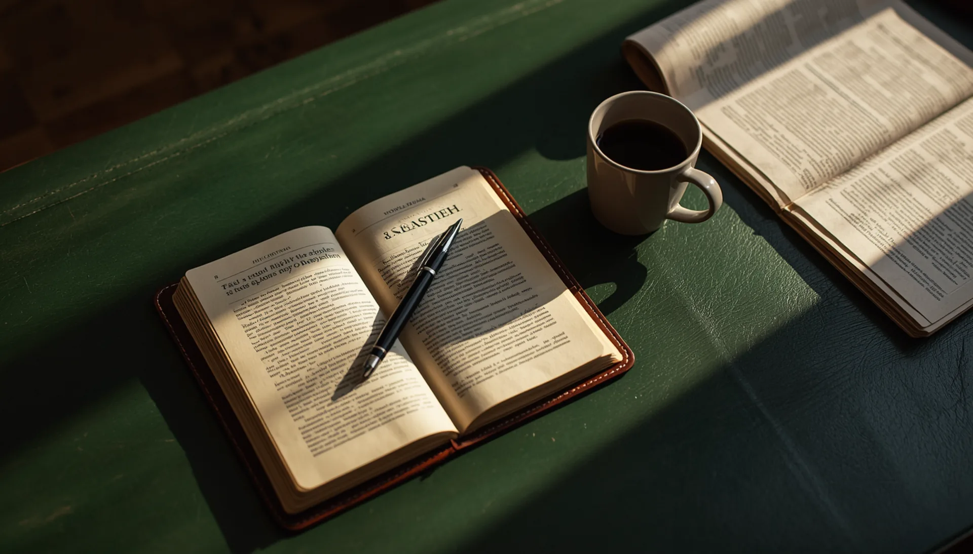 An open journal with fountain pen, coffee and the morning's reading on a green leather desk