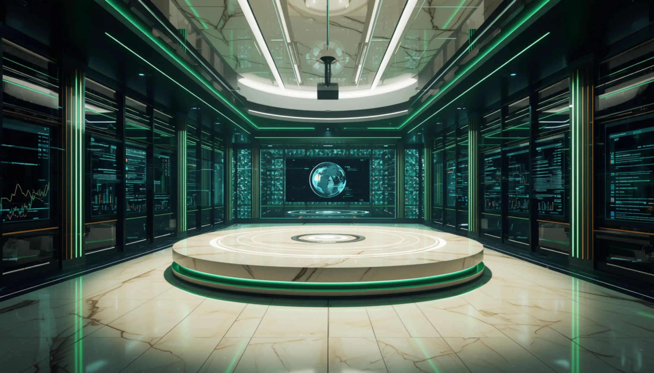 A marble podium in a data hall lit in hunter green