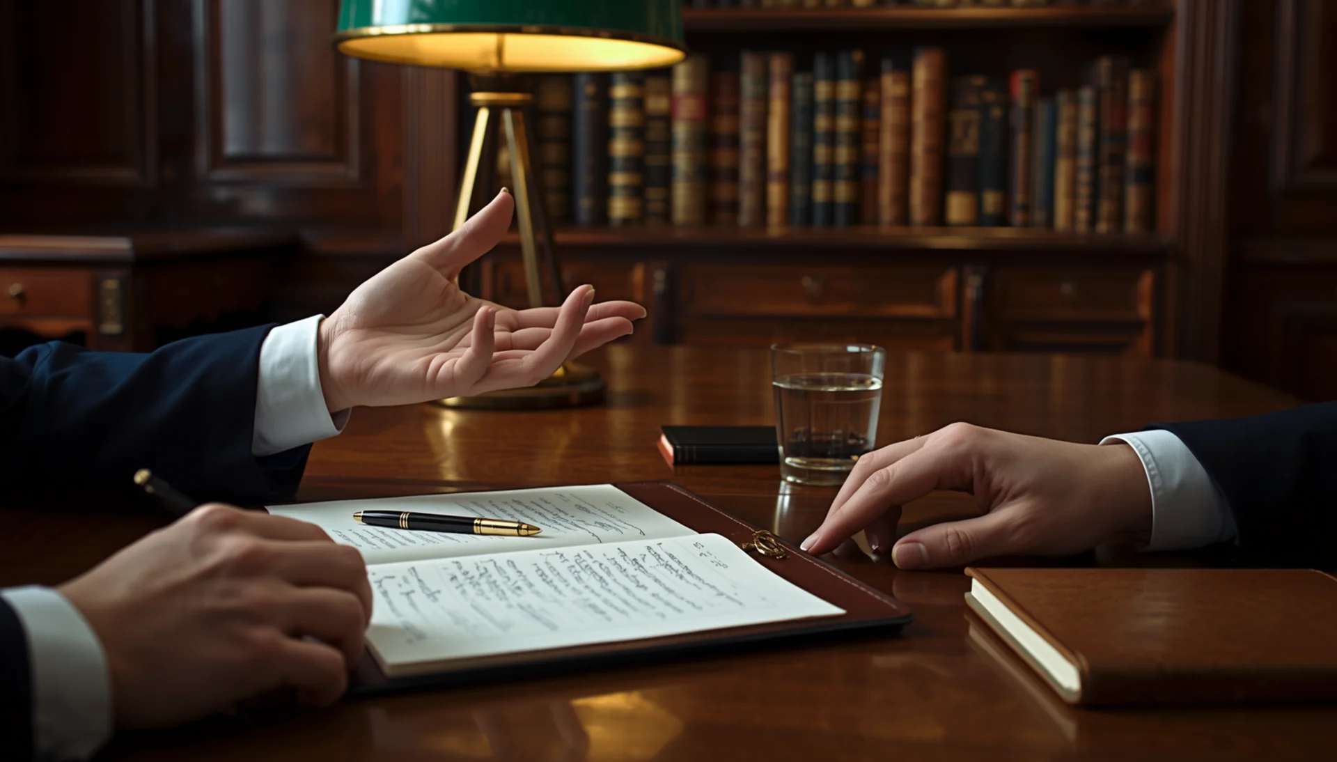 A private advisory consultation &mdash; hands, a leather folio, a green-shaded reading lamp, and a library in soft focus.