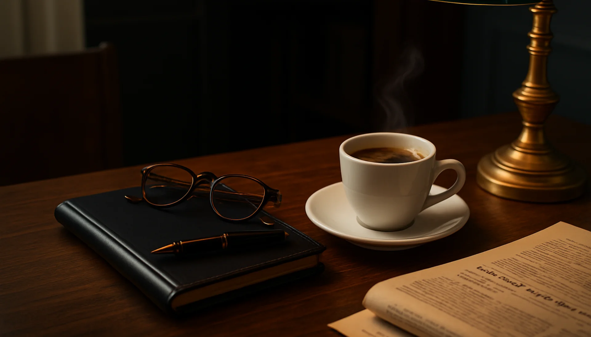 A strategist's desk — leather journal, fountain pen, and the morning's reading — where the Dispatch is written.