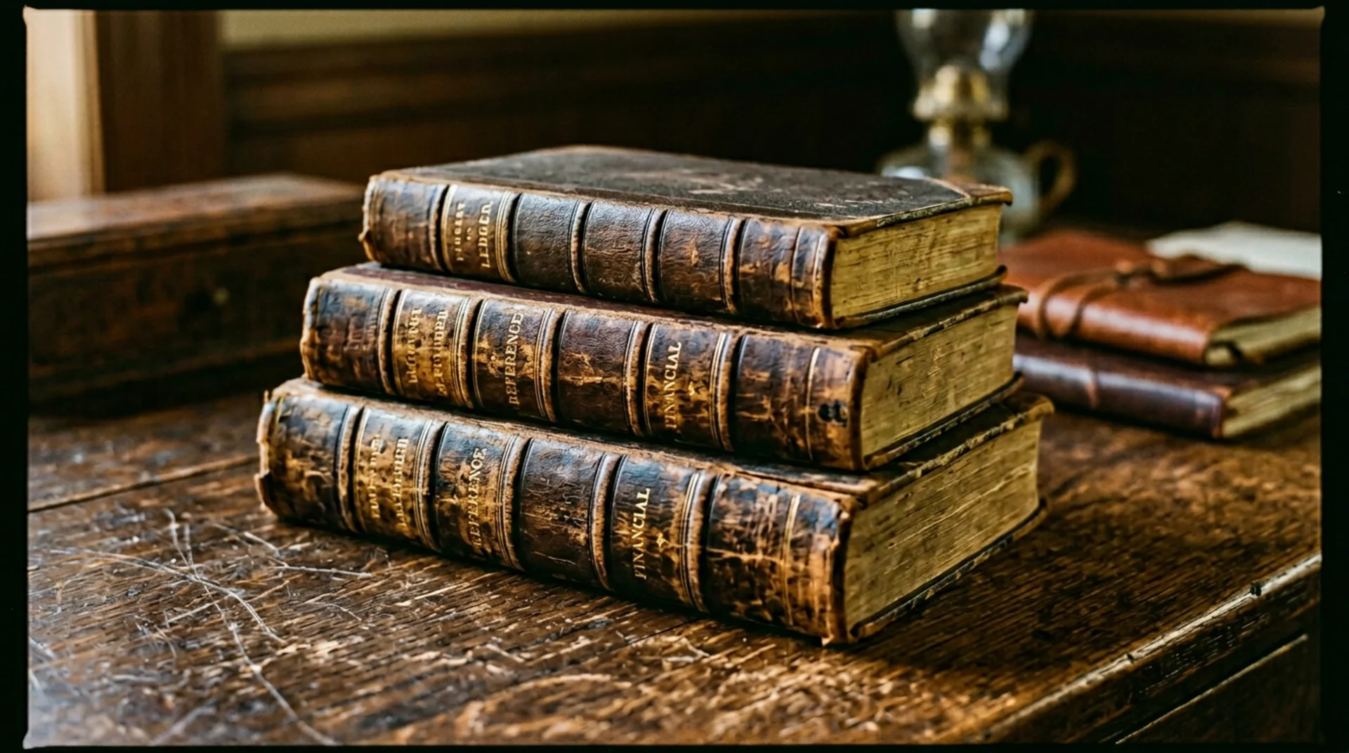 Stacked leather-bound volumes on a dark desk &mdash; the Chronicles archive.