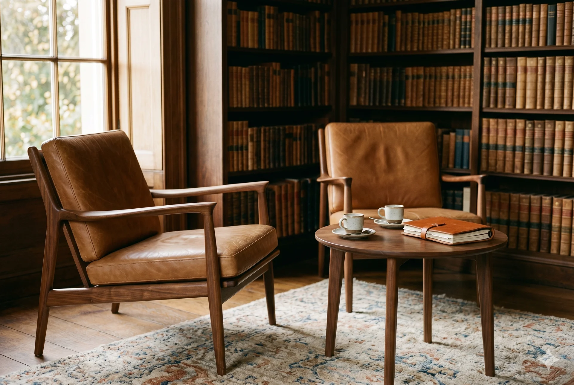 Two chairs drawn close — the disposition of a genuine alliance: considered, private, and ready to work.