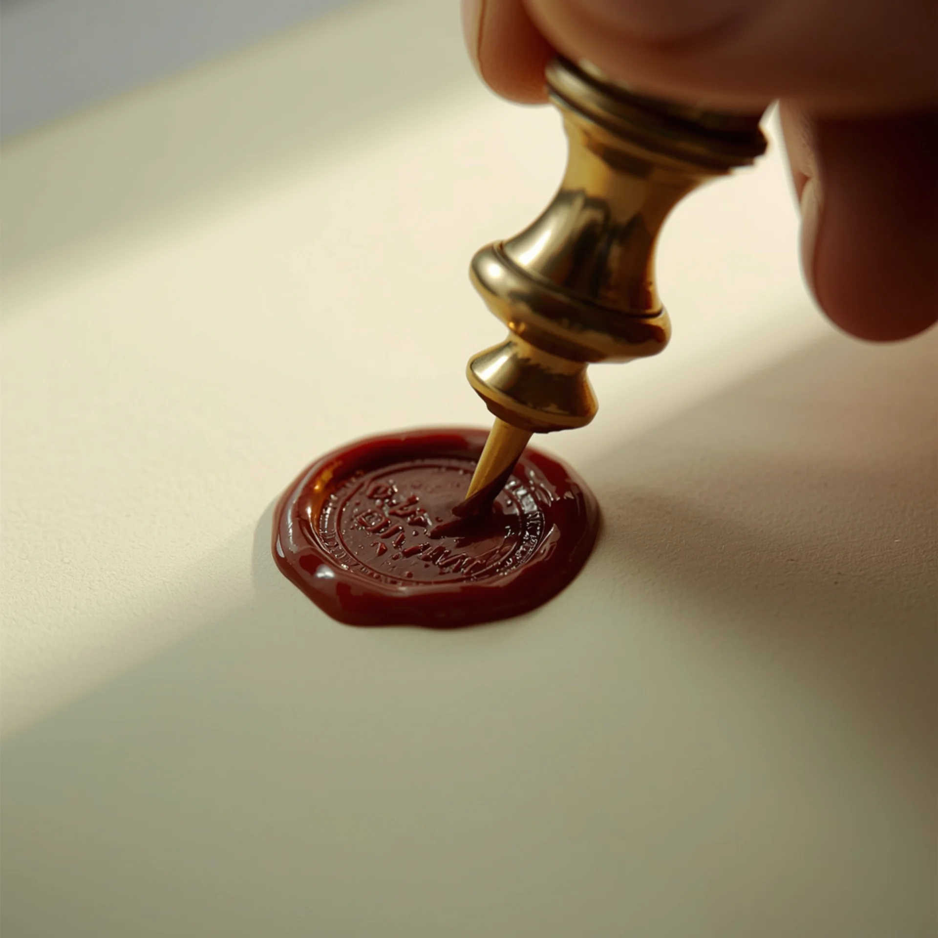 A brass signet pressing a burgundy wax seal — the VALCORE mark of a private engagement.
